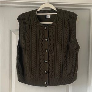 Olive Green Cable Knit Button-Up Sweater Vest